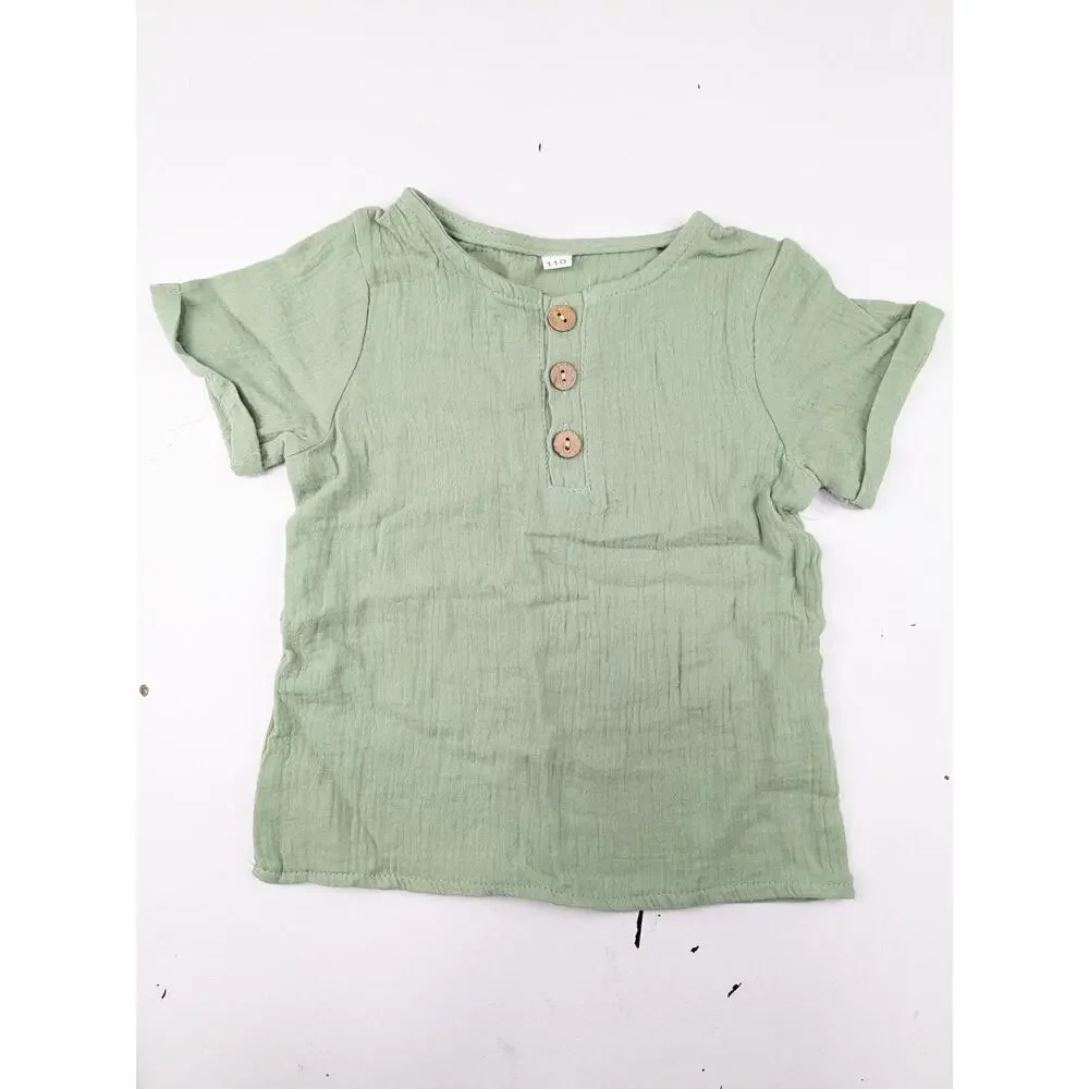 No Brand Sage Green Muslin 2 Piece Shorts & Shirt Set - 12-18 Months